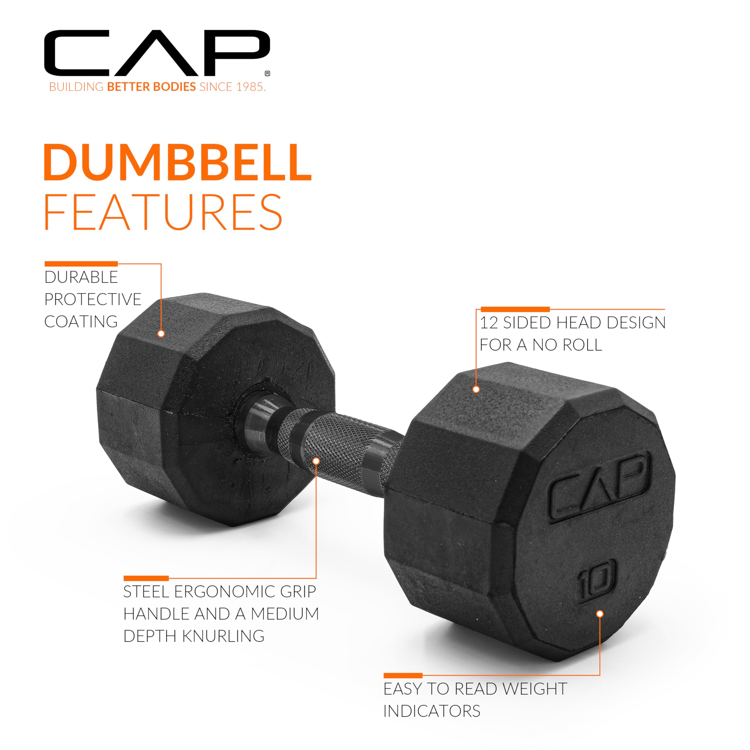 Cap Barbell 12-Sided Coated Dumbbell With Black Handle, Single, 10 Lb