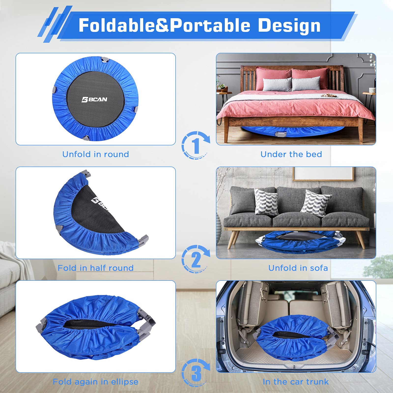 Bcan 40'' Foldable Mini Trampoline, Fitness Rebounder With Adjustable Foam Handle, Exercise Trampoline For Adults Indoor/Garden