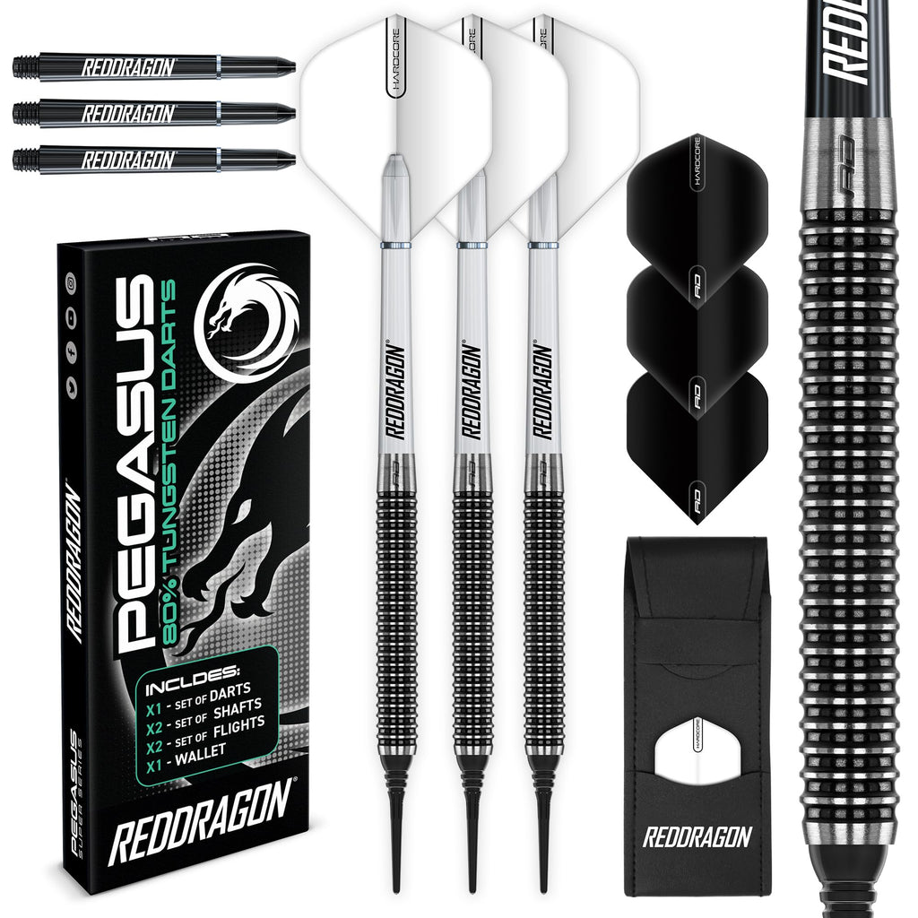 Red Dragon Pegasus Soft Tip: 18G - Tungsten Darts Set With White Stems, White Flights And Wallet