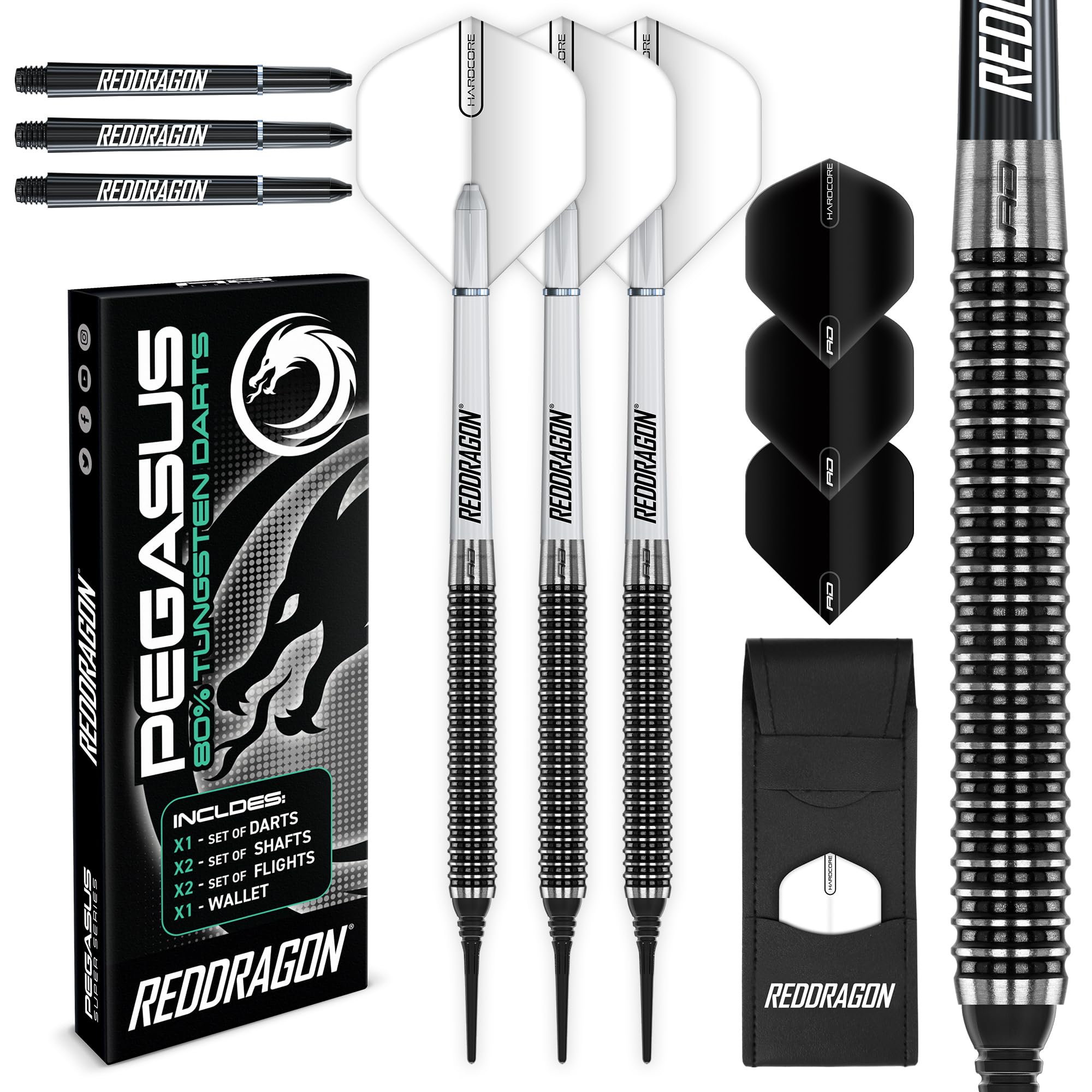 Red Dragon Pegasus Soft Tip: 18G - Tungsten Darts Set With White Stems, White Flights And Wallet