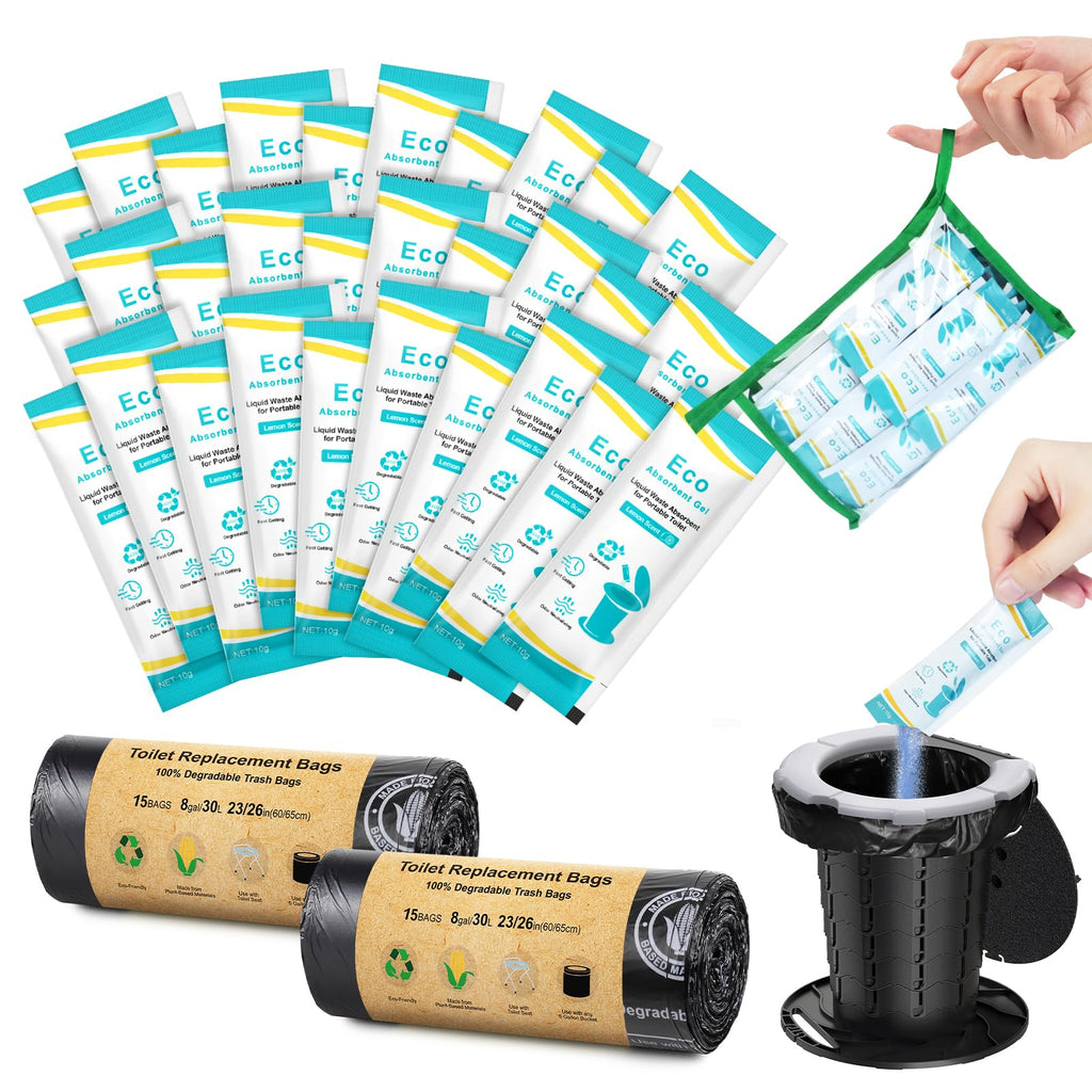 Blika 30 Count Camping Toilet Bags Eco Absorbent Gel Set, Portable Toilet Bags With Gel, 8 Gallon, 30 Liter, Heavy Duty 1 Mil, T