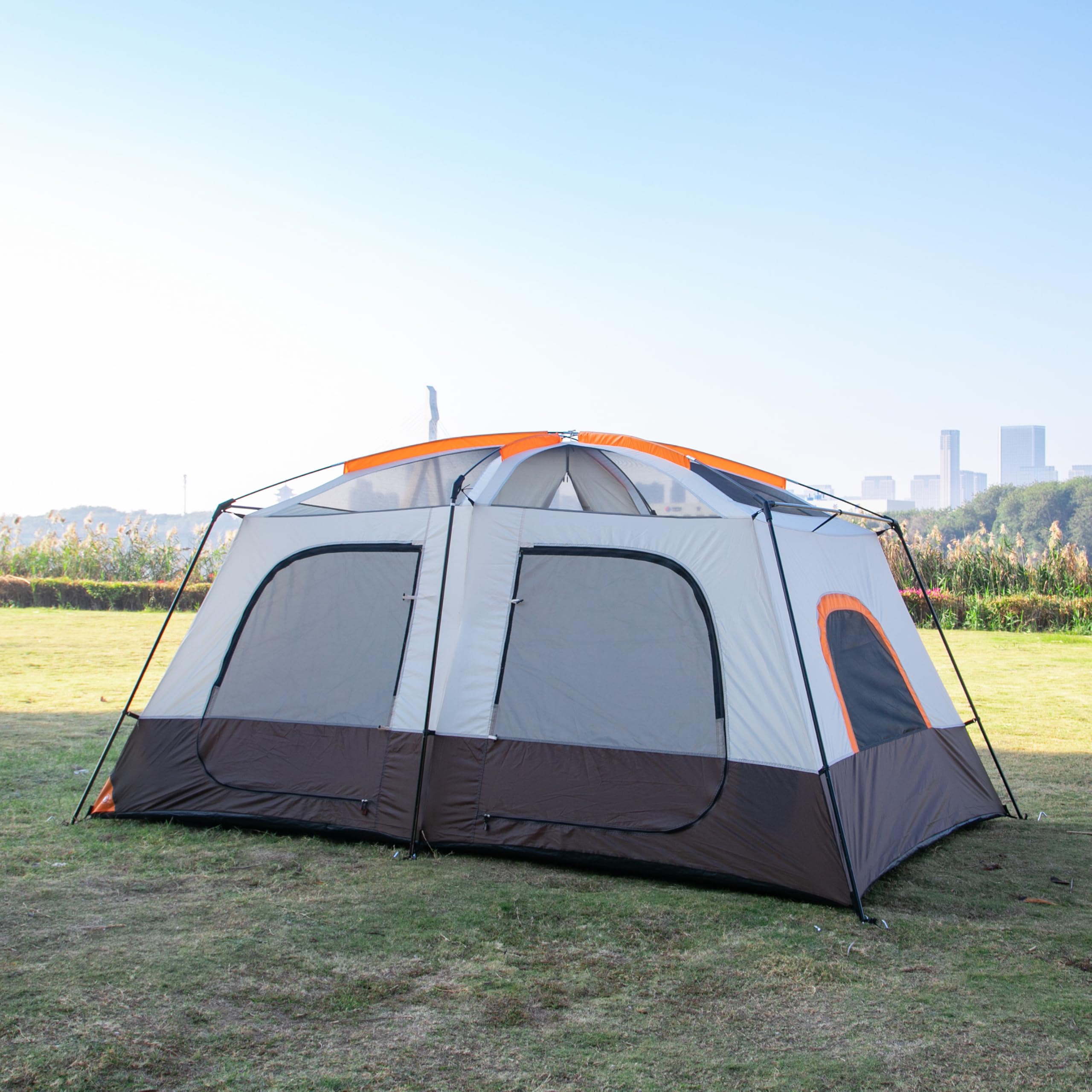 Ktt Extra Large Tent 8-10 Person,Awning Family Cabin Tents,2 Rooms,3 Doors And 3 Windows With Mesh,Straight Wall,Waterproof,Doub