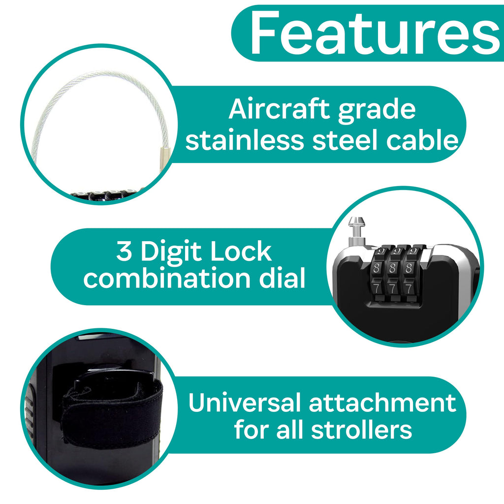 Buggygear Stroller Lock - Anti-Theft Retractable Combination Chain Cable Locks, Thin, Lightweight Safety Padlock For Essentials