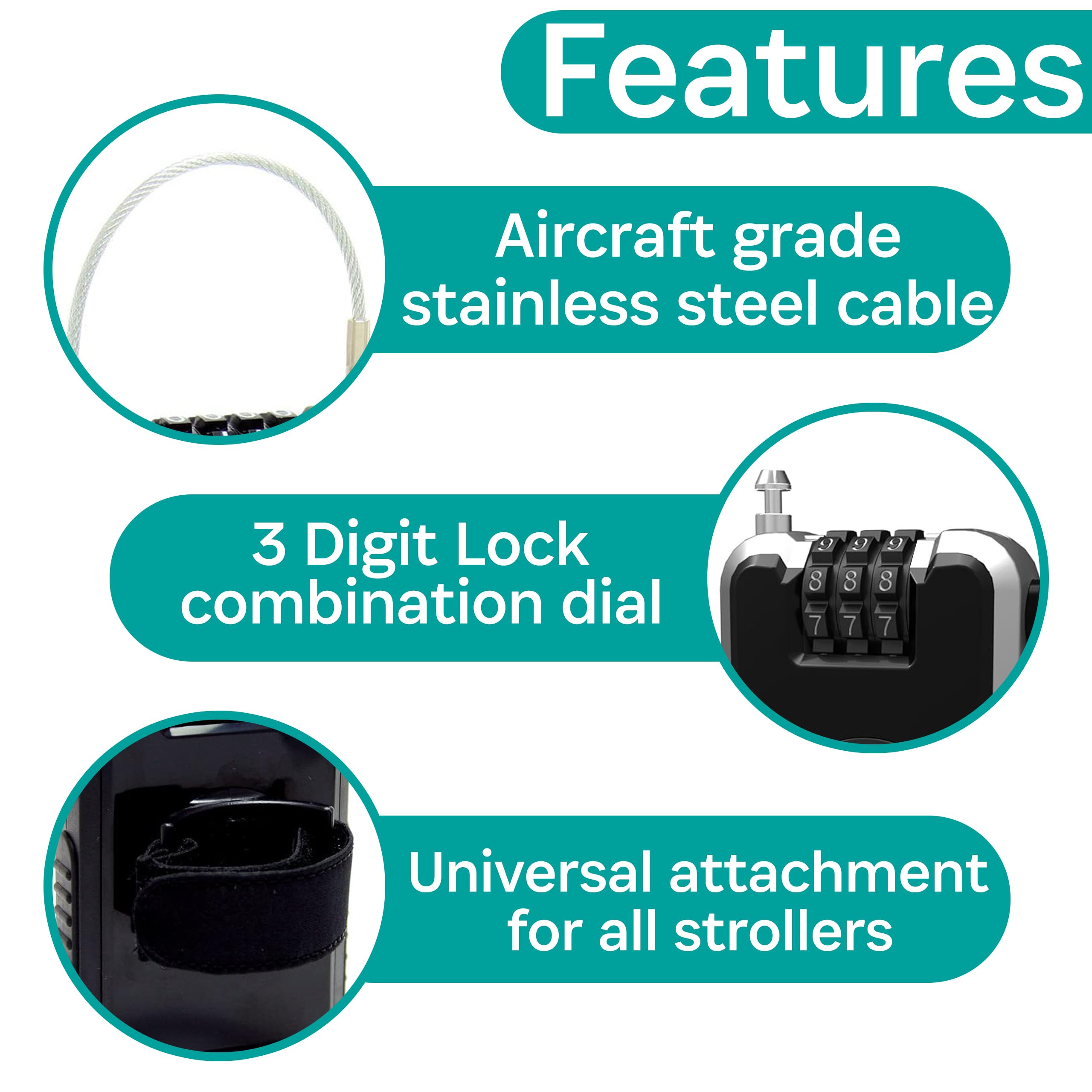 Buggygear Stroller Lock - Anti-Theft Retractable Combination Chain Cable Locks, Thin, Lightweight Safety Padlock For Essentials