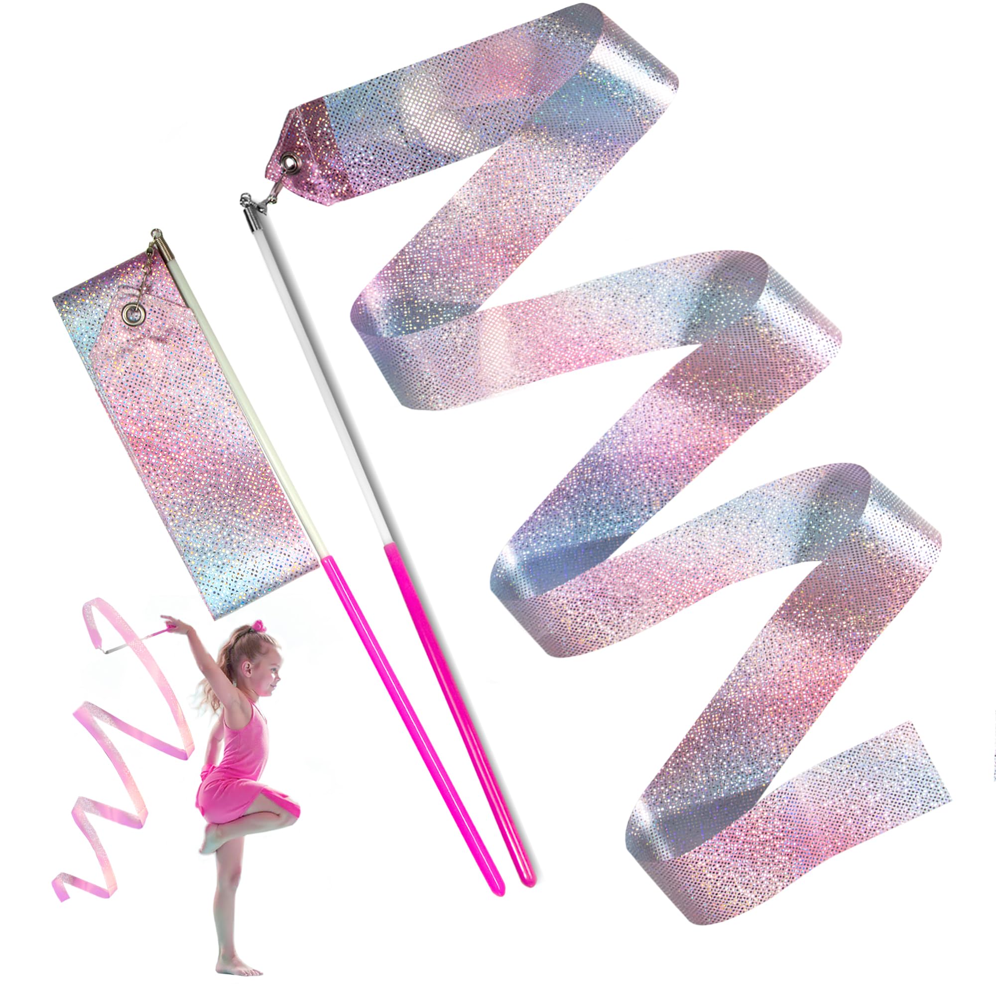 Novelty Place 2 Pcs Sparkling Dance Ribbons Streamers, 6.6Ft Shiny Colors Kids Gymnastics Ribbon Wands - Perfect Rhythm Sticks F