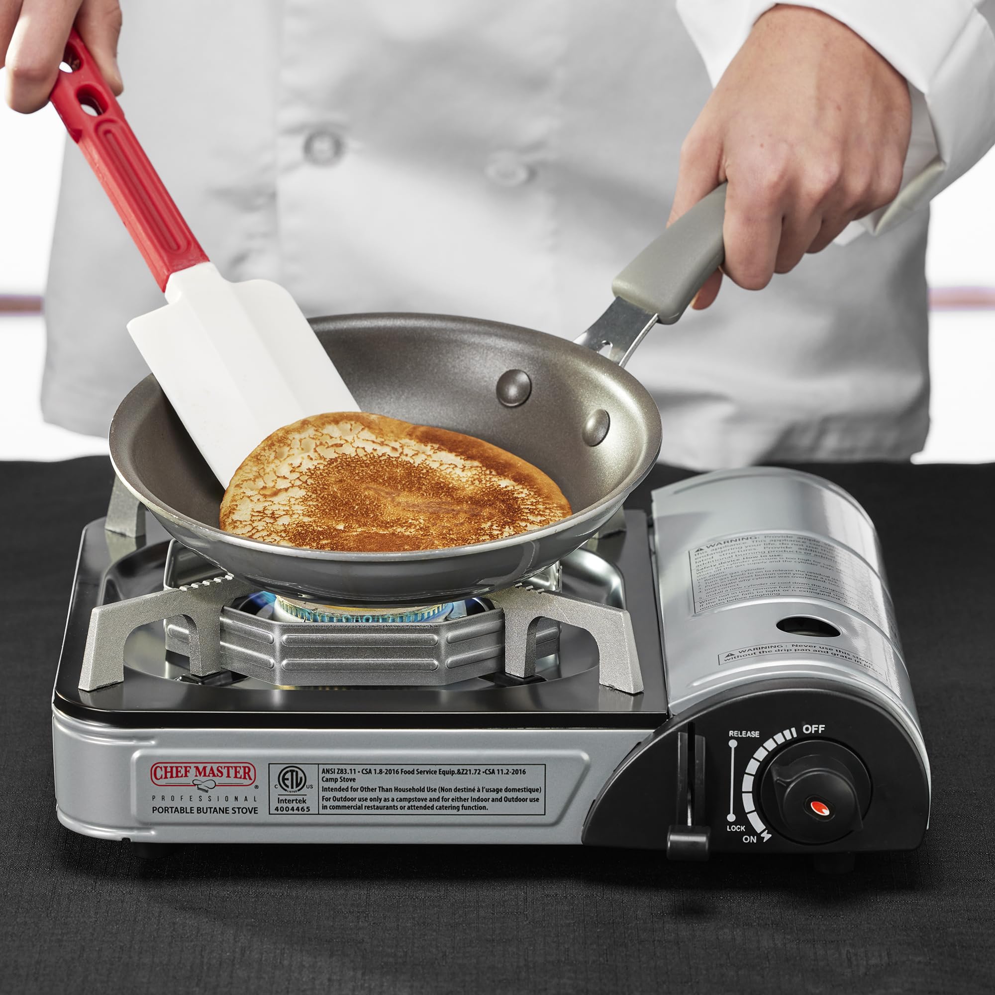 Chef Master 90011 Portable Butane Stove  10,000 Btu Outlet  Camp Kitchen Equipment  Emergency Stove  Hurricane Stove  Single Bur