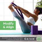 Gaiam Yoga Block 2 Pack & Yoga Strap Combo Set - Yoga Blocks With Strap, Pilates & Yoga Props To Help Extend & Deepen Stretches,