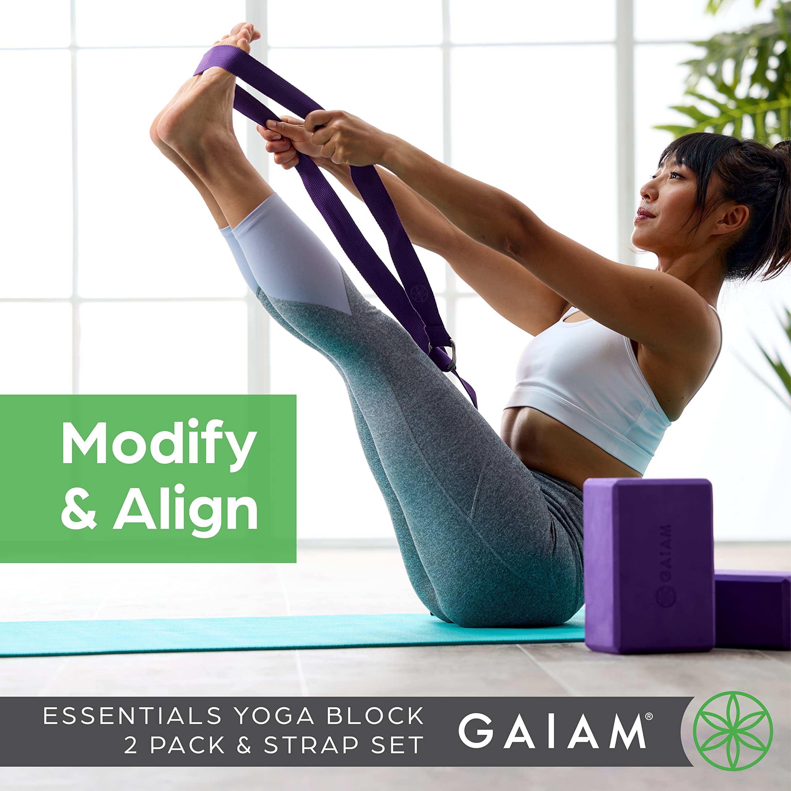 Gaiam Yoga Block 2 Pack & Yoga Strap Combo Set - Yoga Blocks With Strap, Pilates & Yoga Props To Help Extend & Deepen Stretches,