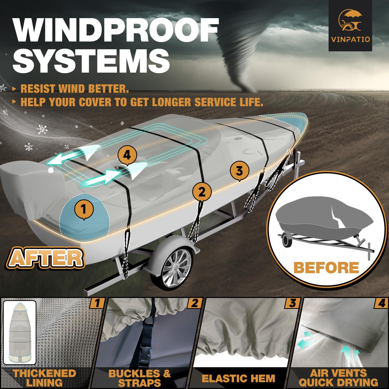 Vinpatio Trailerable Boat Cover, 600D Solution-Dyed Bass Boat Cover, 20-22 Ft Heavy Duty 100% Waterproof Boat Covers Fits V-Hull