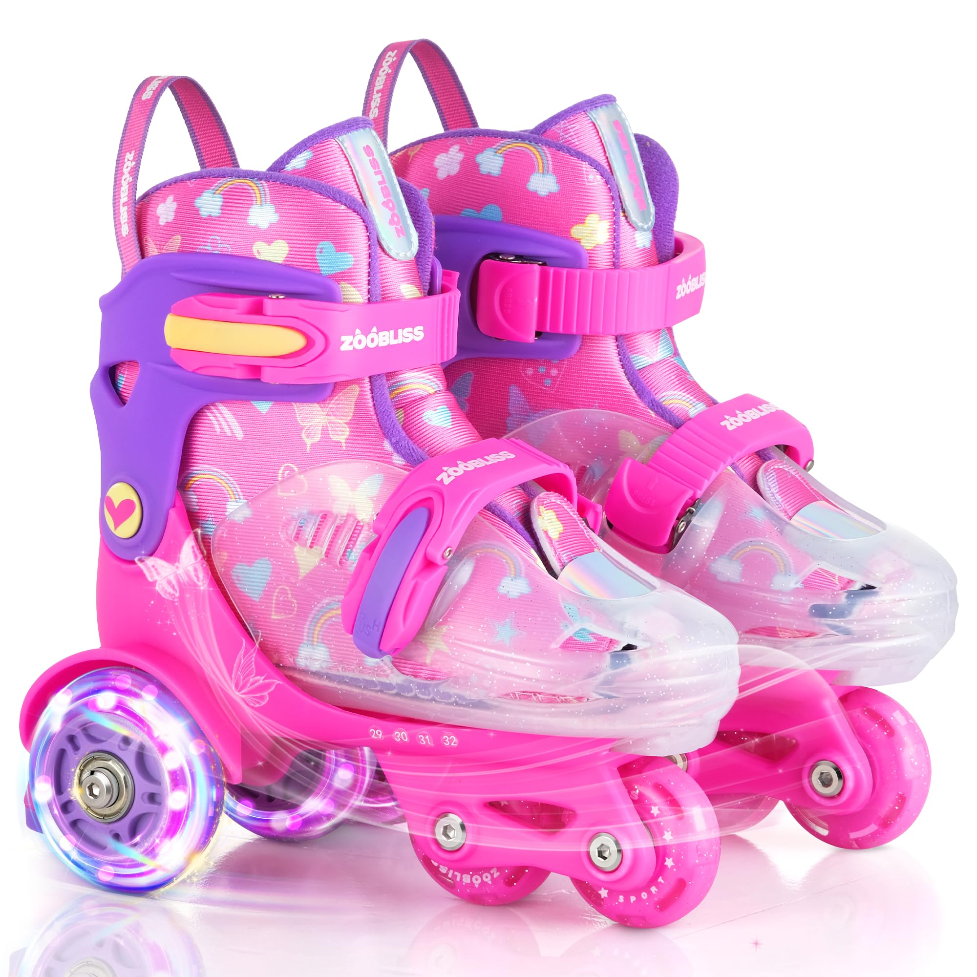 Kids Roller Skates for Beginners - ZOOBLISS 4 Adjustable Sizes Tri-Wheel Skates for Girls and Boys Ages 3-7, Toddler Roller Skat