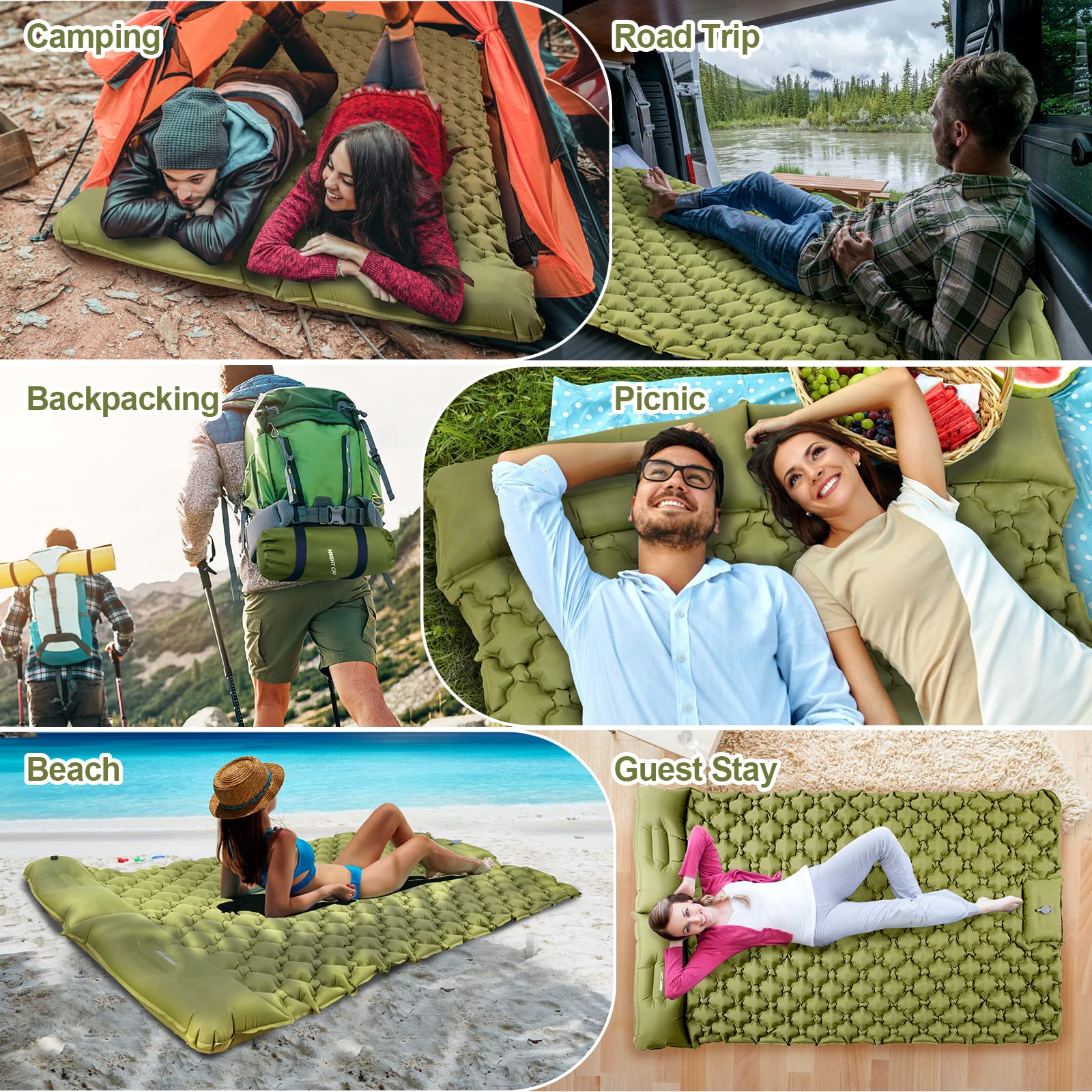 Night Cat Inflatable Double Sleeping Pad Mat Bed With Foot Pump And Double Pillow For Camping Backpacking Hiking Ultra-Light Com
