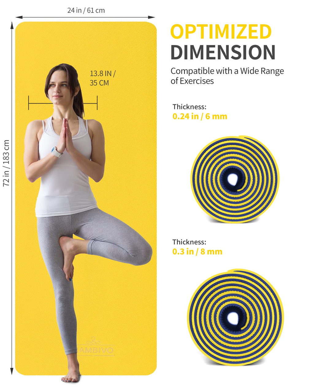 Cambivo Extra Thick Yoga Mat For Women Men Kids, Professional Tpe Yoga Mats, Workout Mat With Carrying Strap For Yoga, Pilates A