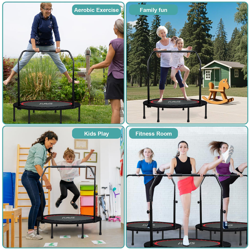 Ravs Mini Trampoline For Kids Adults 40'' Foldable Fitness Rebounder Kids Trampoline With 5 Levels Height Adjustable Handle Resi