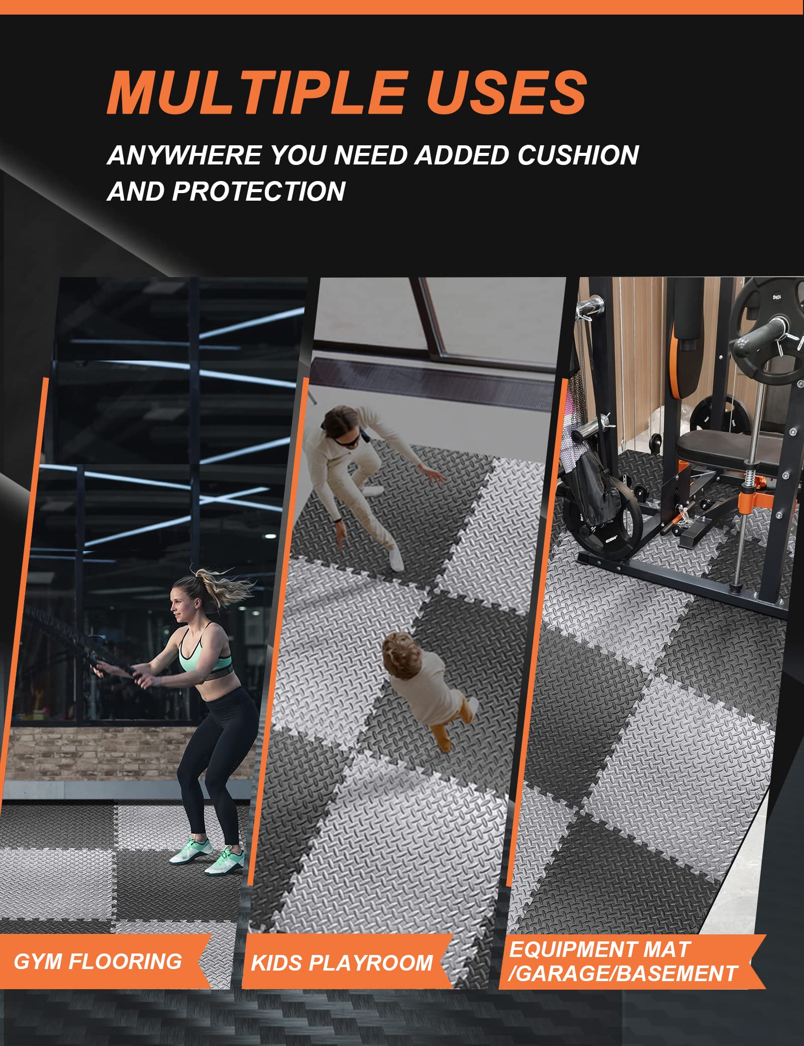 Innhom Gym Flooring Mats Exercise Mat For Floor Workout Foam Tiles Home Equipment Garage, 6 Black And Gray