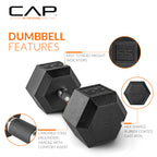 CAP Barbell 75 LB Rubber Coated Hex Dumbbell Hand Weight with Padded Grip - Pair | Comfort Grip