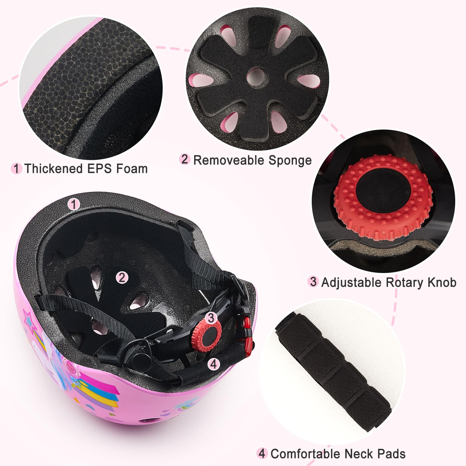 FIODAY Kids Bike Helmet, Toddler Helmet Knee and Elbow Pads Wrist Guards Adjustable Protective Gear Set with DIY Sticker for Gir