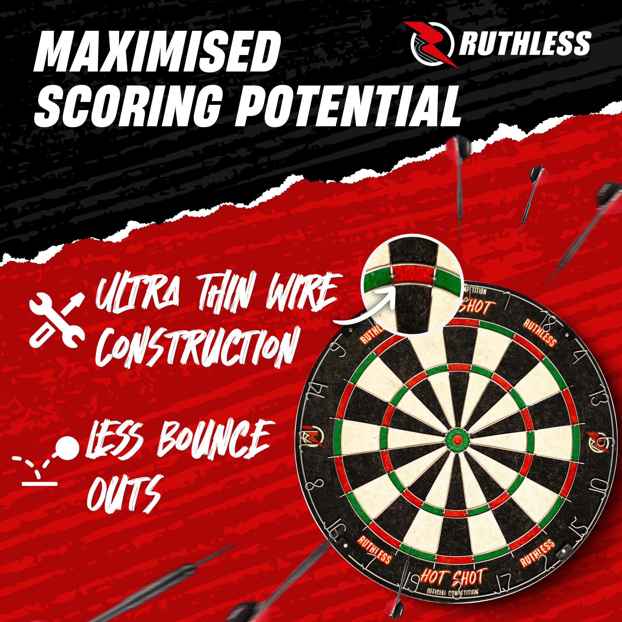 Ruthless Hot Shot Dart Board  Endurance Round Wire Sisal Dartboard Including 2 Sets Of Steel Tip Darts (Db073)