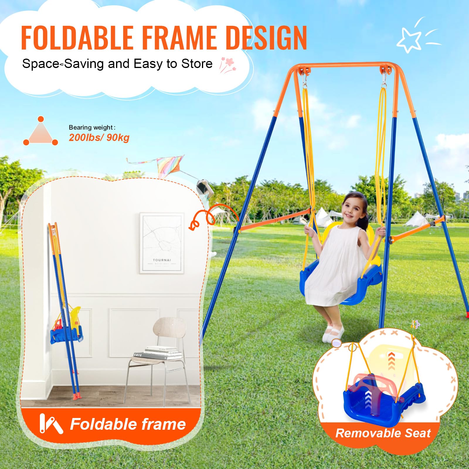 Vevor Swing Sets For Backyard, 3-In-1 Toddler Swing Set With 4 Sandbags, Easy To Assemble, Foldable Metal Stand, Swingset Indoor