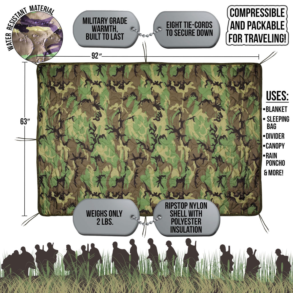 Woodland Camo Military Gear Blanket Army Poncho Liner Woobie Emergency Blanket With Woodland Design - Nylon Military Surplus Col