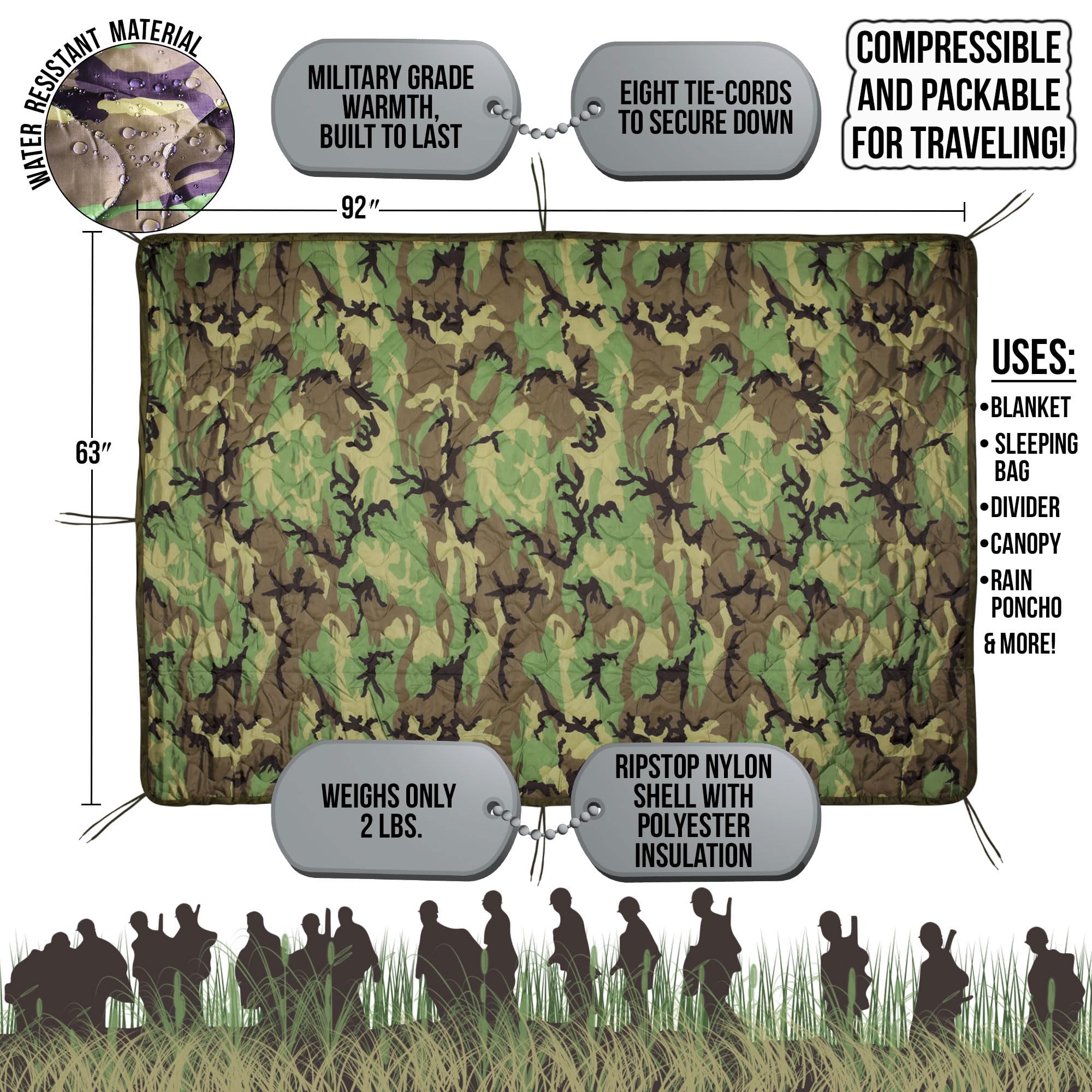 Woodland Camo Military Gear Blanket Army Poncho Liner Woobie Emergency Blanket With Woodland Design - Nylon Military Surplus Col