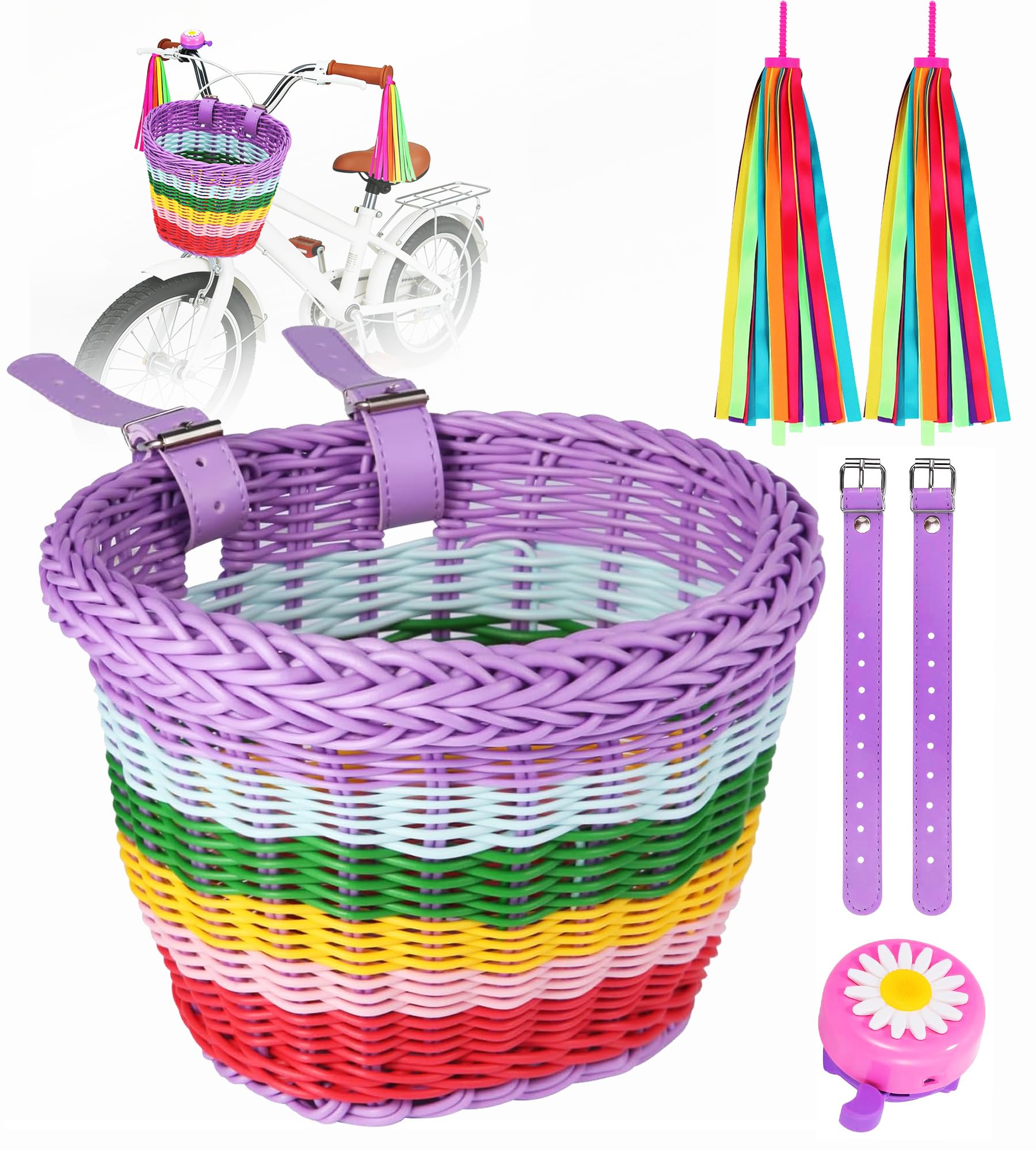 CARVMPIN Bike Basket Set for Kids - Kids Bike Set with Bell & Colorful Tassels | Bicycle Decorations for Boys & Girls | Includes