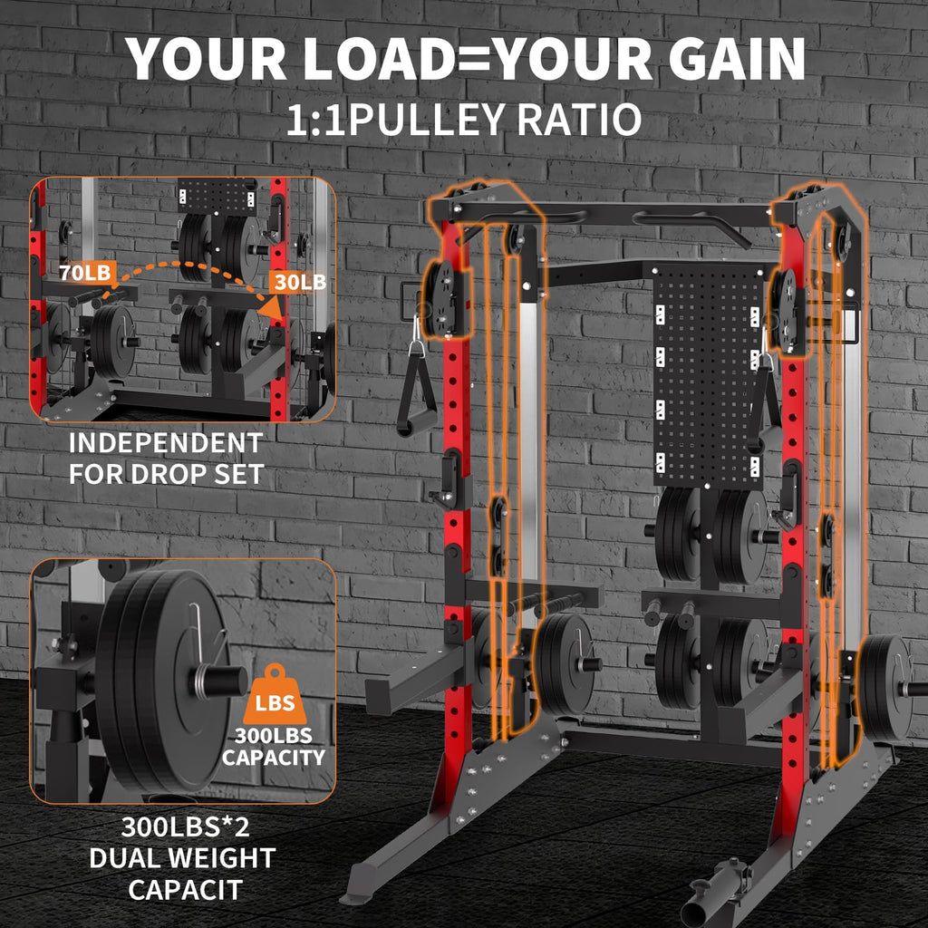 GarveeLife Power Cage, 2000 LB Power Rack with Dual Pulley Cable Crossover, Multi-Function Home Gym Squat Rack with Attachments,