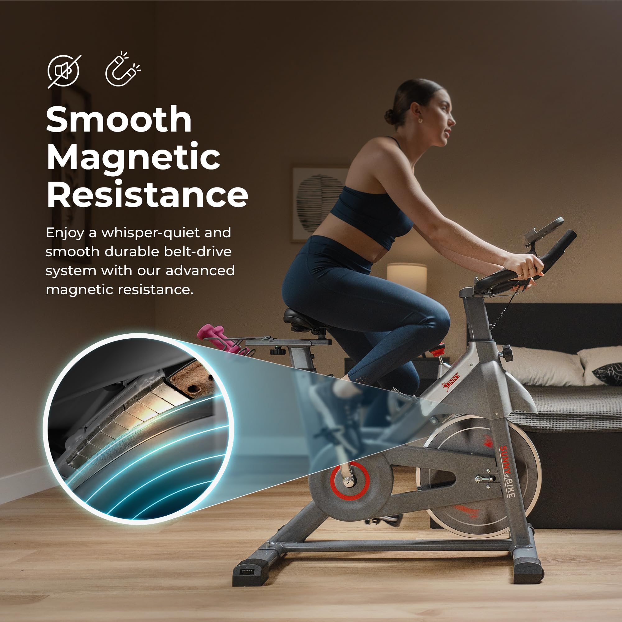Sunny Health & Fitness Smart Indoor Cycling Magnetic Resistance Exercise Bike, Cardio Workout for Home, Pulse Sensor, with Dumbb