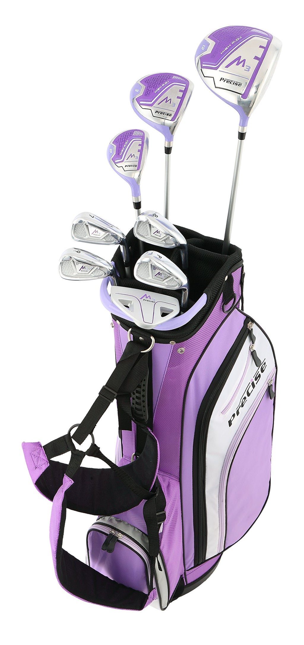 Precise M3 Ladies Womens Complete Golf Clubs Set Includes Driver, Fairway, Hybrid, 7-Pw Irons, Putter, Stand Bag, 3 H/Cs Purple 