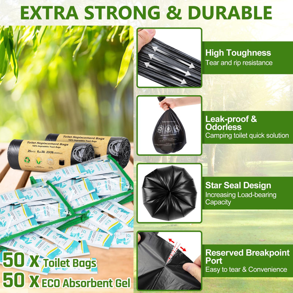 Blika 50 Count Camping Toilet Bags Eco Absorbent Gel Set, Portable Toilet Bags With Gel, 8 Gallon, 30 Liter, Heavy Duty 1 Mil, T