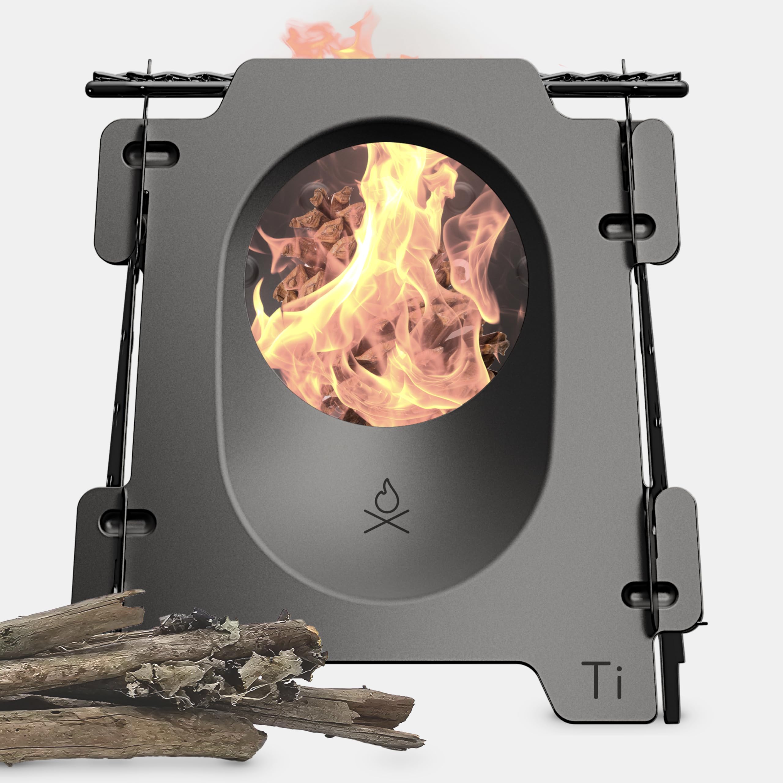 Berleben Stker Titanium Twig Stove - Ultralight Flatpack Camp Stove With Kchen-X Grill Grate, Fuel-Free Organic Burner, Waxed Ca