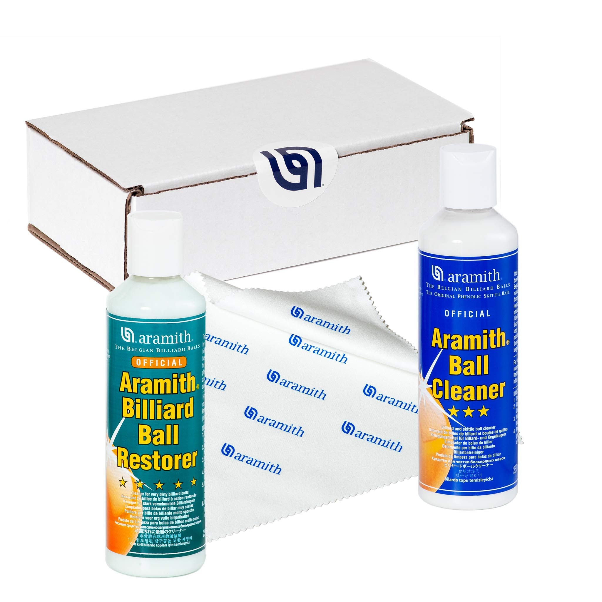 Aramith Bundle Of 3 Items Billiard Ball Cleaner, Billiard Ball Restorer 8.4 Fl.Oz. Bottles Microfibre Cloth