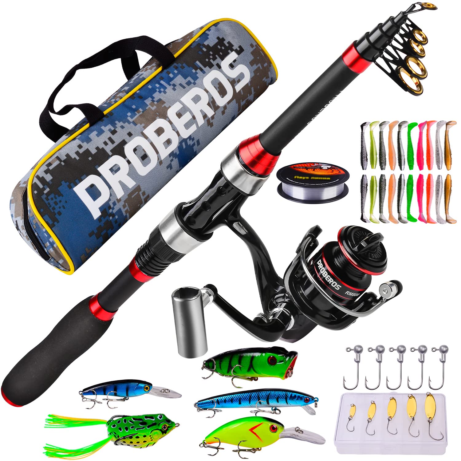 Proberos Kids Fishing Pole - Portable Telescopic Fishing Rod And Reel Combo Kit - Small Spinning Fishing Reel Rods With Lures Li