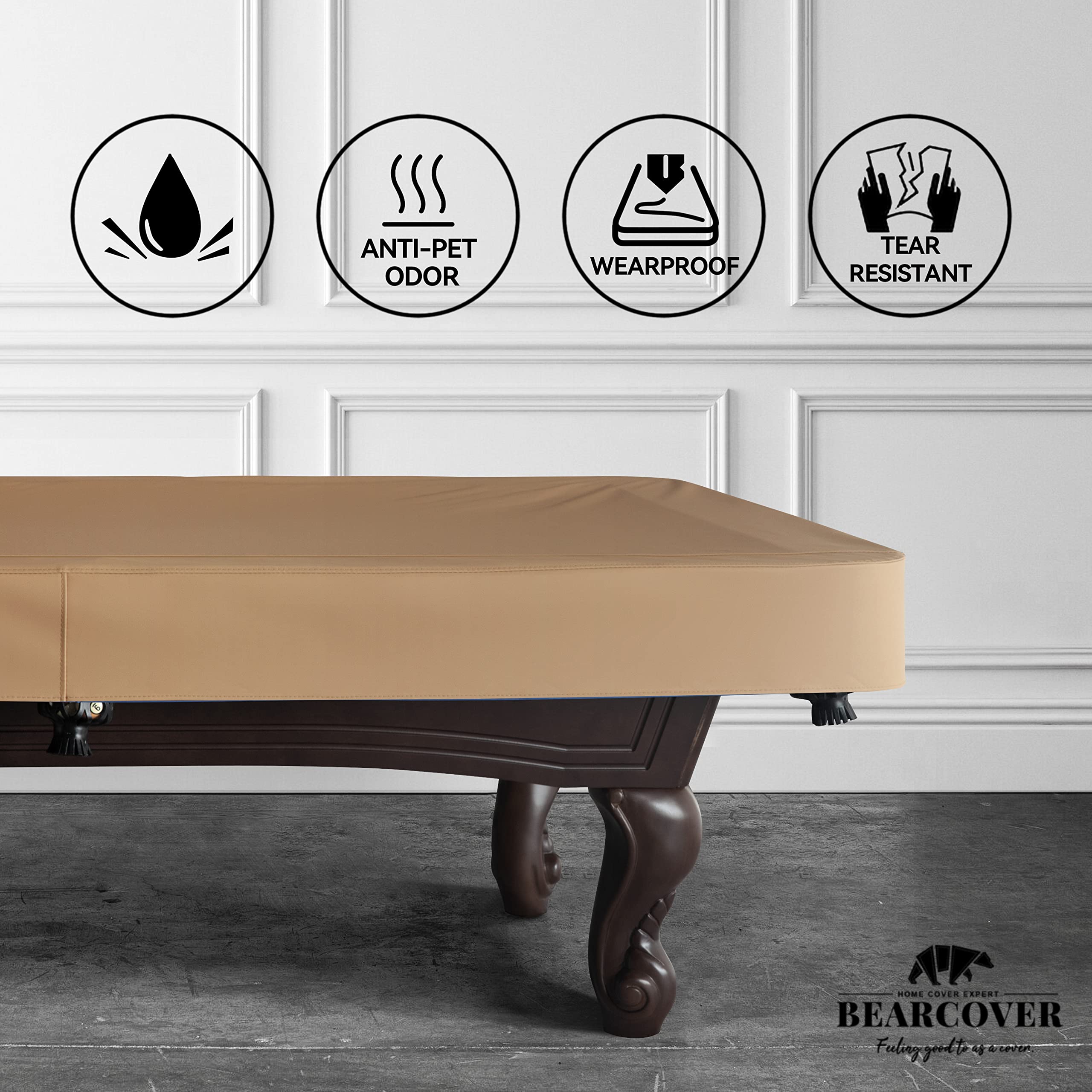 Bearcover Heavy Duty Leatherette Billiard Pool Table Cover, Waterproof & Tearproof Cover For Pool Table 7/8/9Ft (Wheat Brown, 8F
