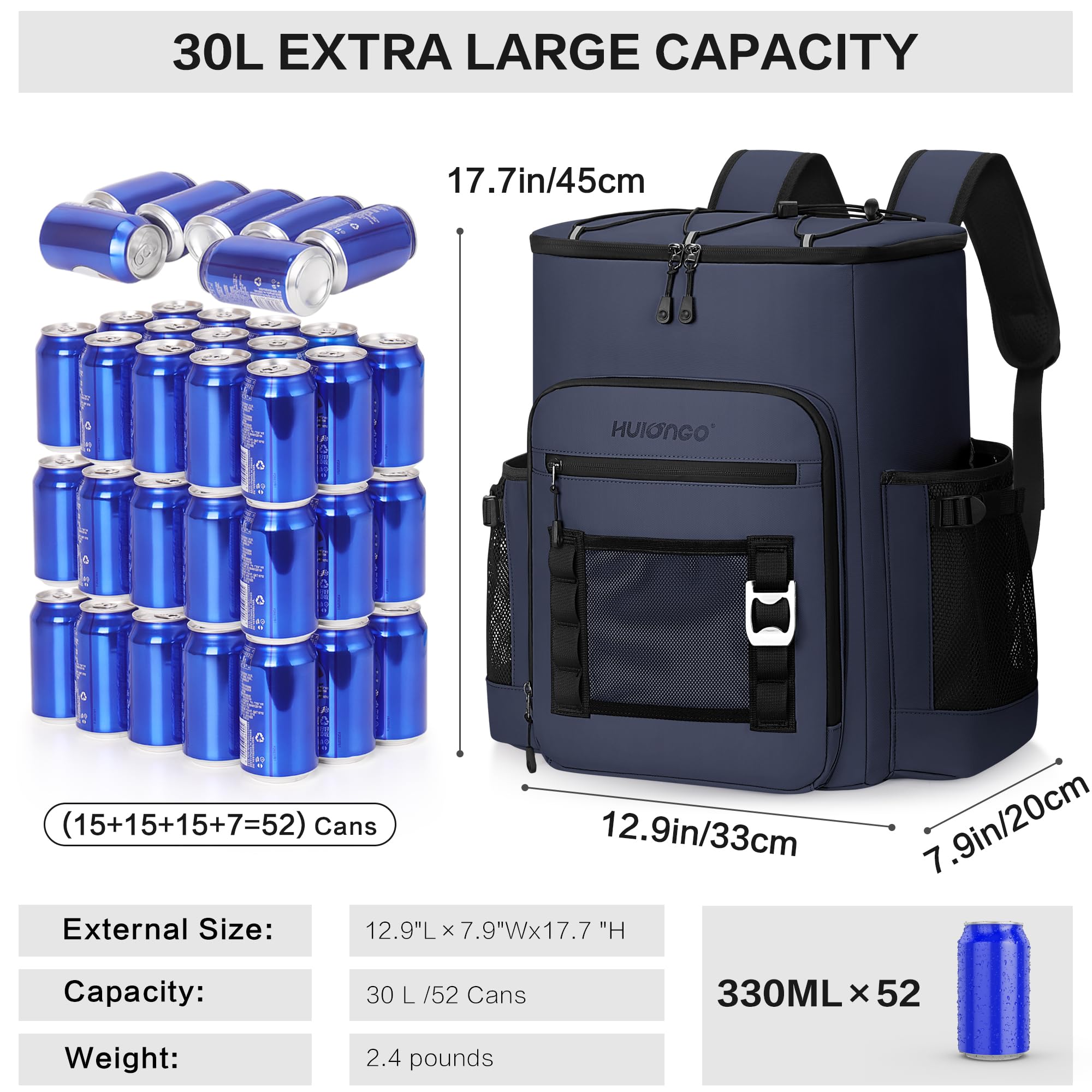Hulongo Large 52cans Waterproof Insulated Cooler Backpack for Men & Women, Leak Proof Backpack Cooler, Soft, 8Gal (Dark Blue)