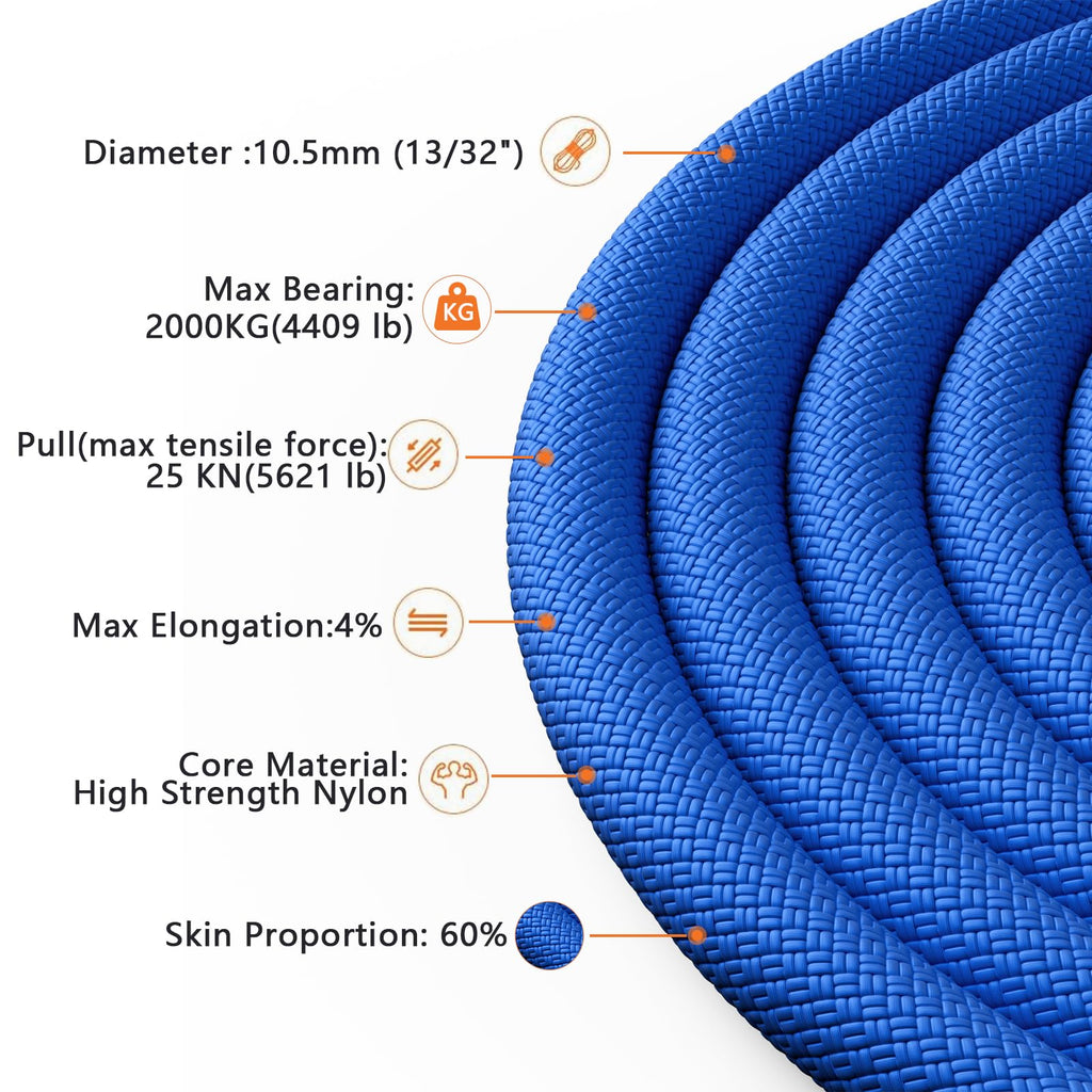 X Xben Rock Climbing Rope, Static Uiaa Mountain Climb Ropes, 10.5Mm 32Ft Blue Mountaineering Climbing Gear For Rescue, Hiking, O