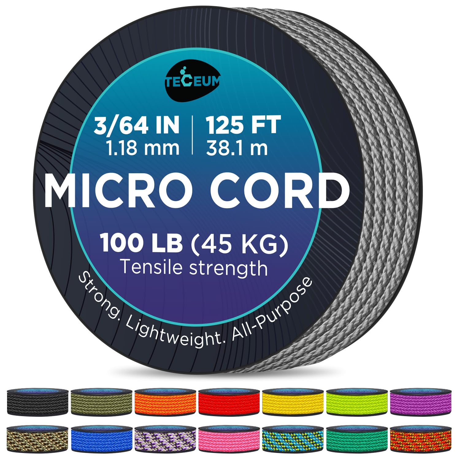 Teceum Micro Paracord - Gray - 1.18 Mm X 125 Ft - Micro Utility Cord - Thin Braided Paracord Rope Nylon Polyester - Wind Chime R