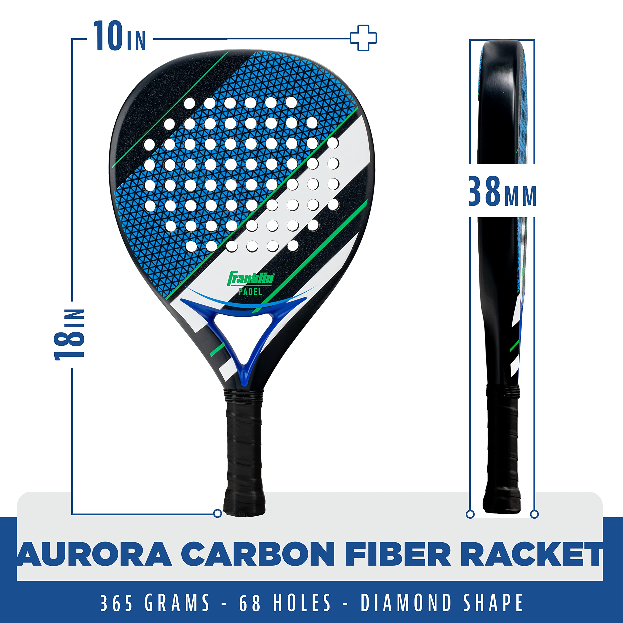 Franklin Sports Padel Racket - Aurora - Carbon Fiber Padel Paddle With Foam Core + Max Grit Surface - Pop Tennis Racket - 365G -