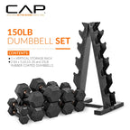 Cap Barbell 150 Lb Coated Hex Dumbbell With Copper Handle Weight Set And Vertical Rack