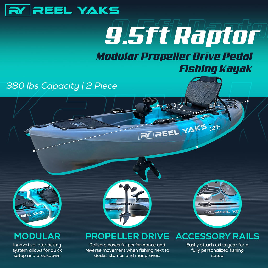 Reel Yaks Raptor Modular Fishing Kayak - 9.5Ft Lightweight Propeller Drive, Sit On Top Kayak For Adults & Youth - Stable & Porta