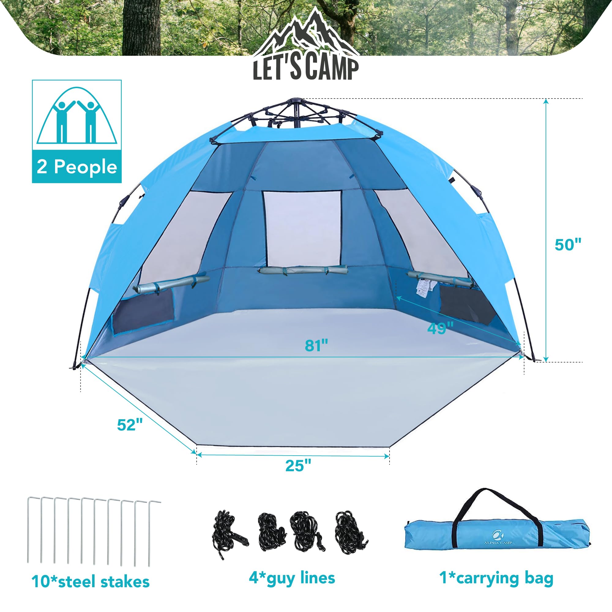 Lets Camp Pop Up Beach Tent For 2 Person,Easy Setup Sun Shelter,Uv Protection With Extended Zippered Porch,Sky Blue