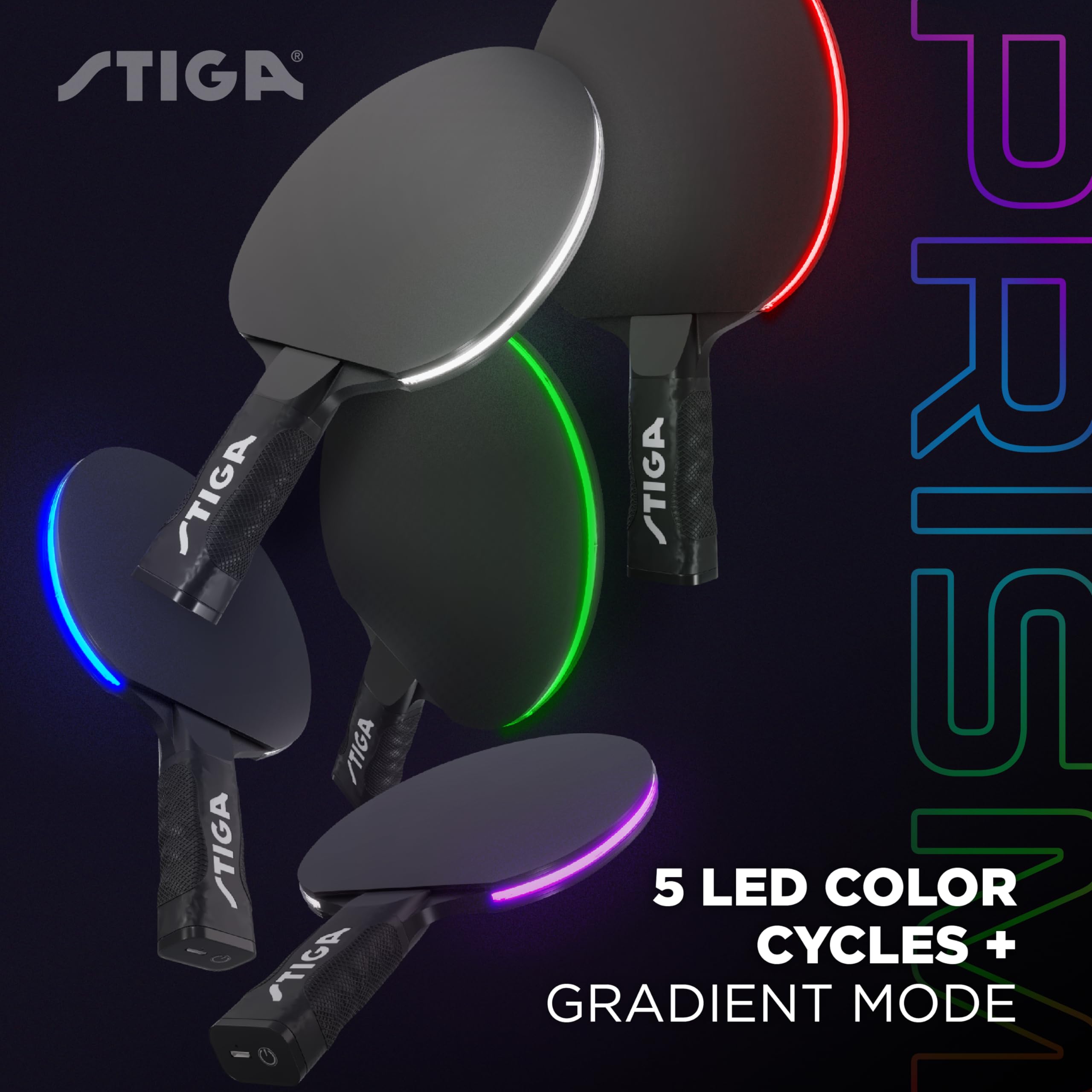 Stiga Prism Led Ping Pong Paddle - 5 Led Color Cycles - Color Gradient Mode - Includes 3 Glow-In-The-Dark Balls - 1.5Mm Sponge W