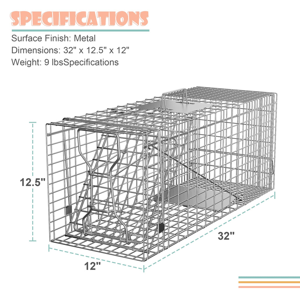 Homgarden Humane Live Animal Cage Trap 32Inch Steel Catch Release Rodent Cage For Rabbits, Groundhog, Stray Cat, Squirrel, Racco