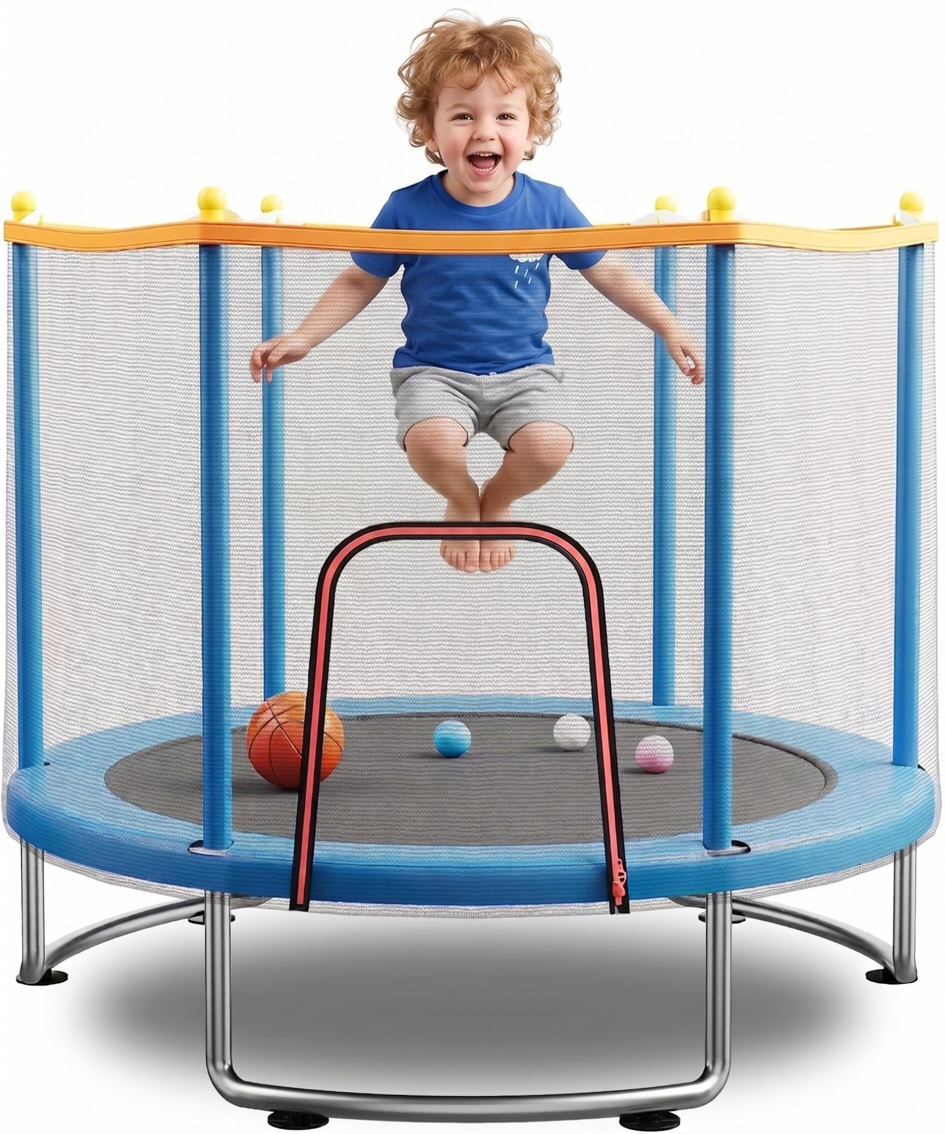 55  Kids Trampoline with Safety Net - 440lbs Capacity, Upgraded Rust-Proof Ring Legs, Adjustable Gymnastics Bar & Toys - Indoor 