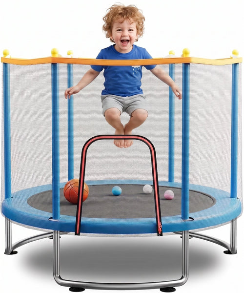 55  Kids Trampoline with Safety Net - 440lbs Capacity, Upgraded Rust-Proof Ring Legs, Adjustable Gymnastics Bar & Toys - Indoor 