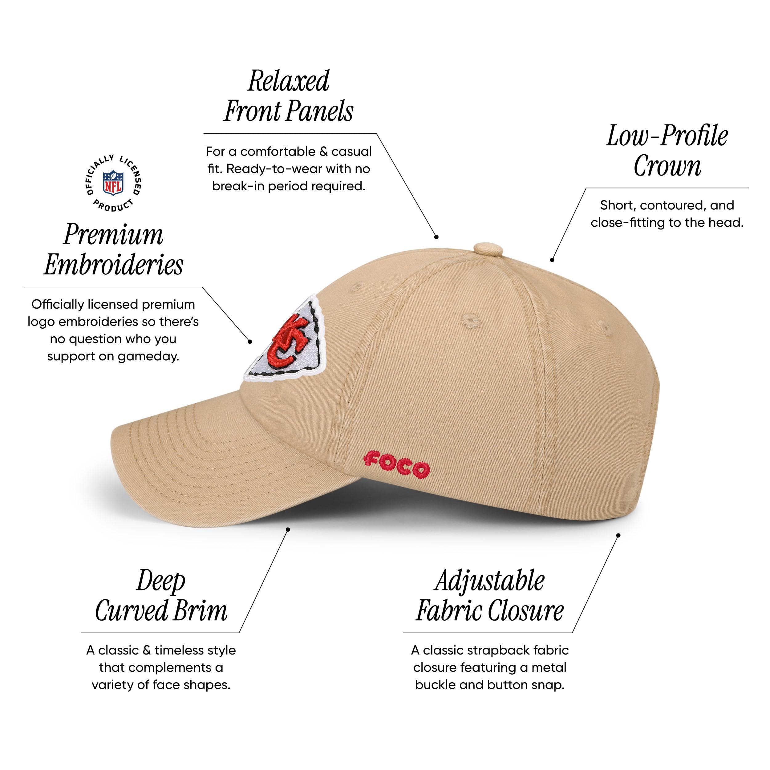 Foco Men'S Kansas City Chiefs-Khaki Cap Nfl Logo Casual Hat, Team Color