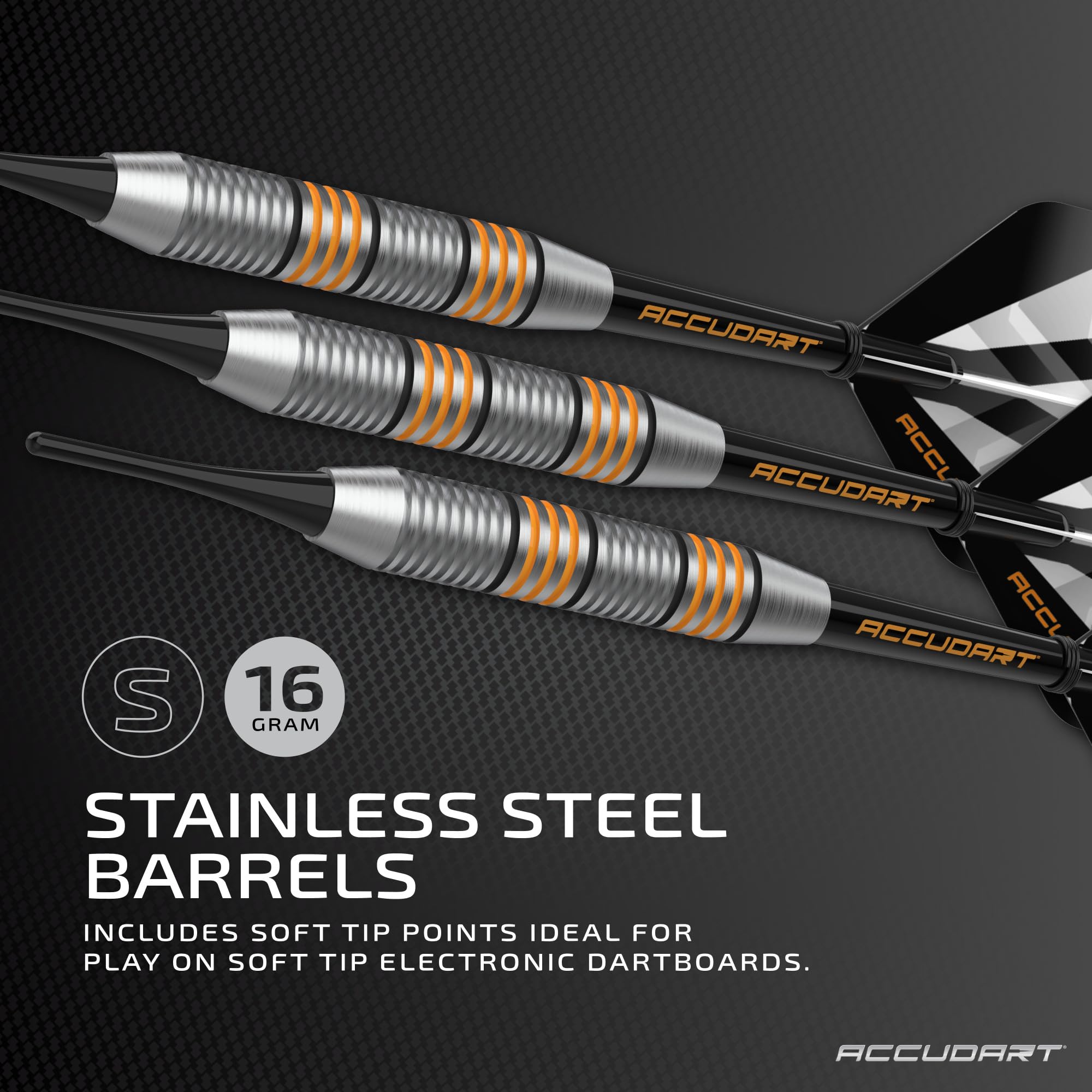 Accudart Soft Tip Dart Set 2.0 - Stainless Steel Finish Barrel - Radial Grooves - Polycarbonate Shafts - Standard Shape Flights
