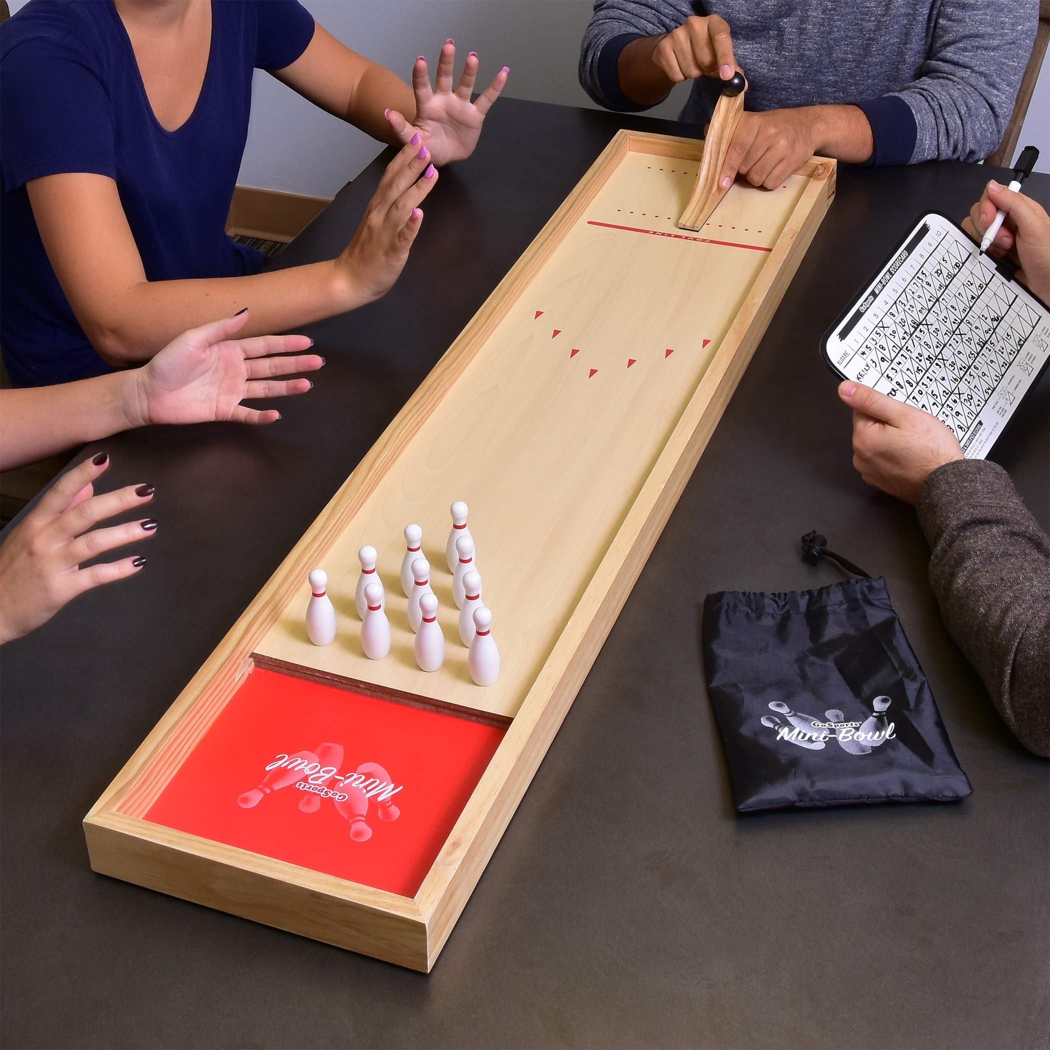 Gosports Mini Wooden Tabletop Bowling Game Set For Kids & Adults - Includes 1 Bowling Alley Board, 1 Launch Ramp, 2 Mini Bowling