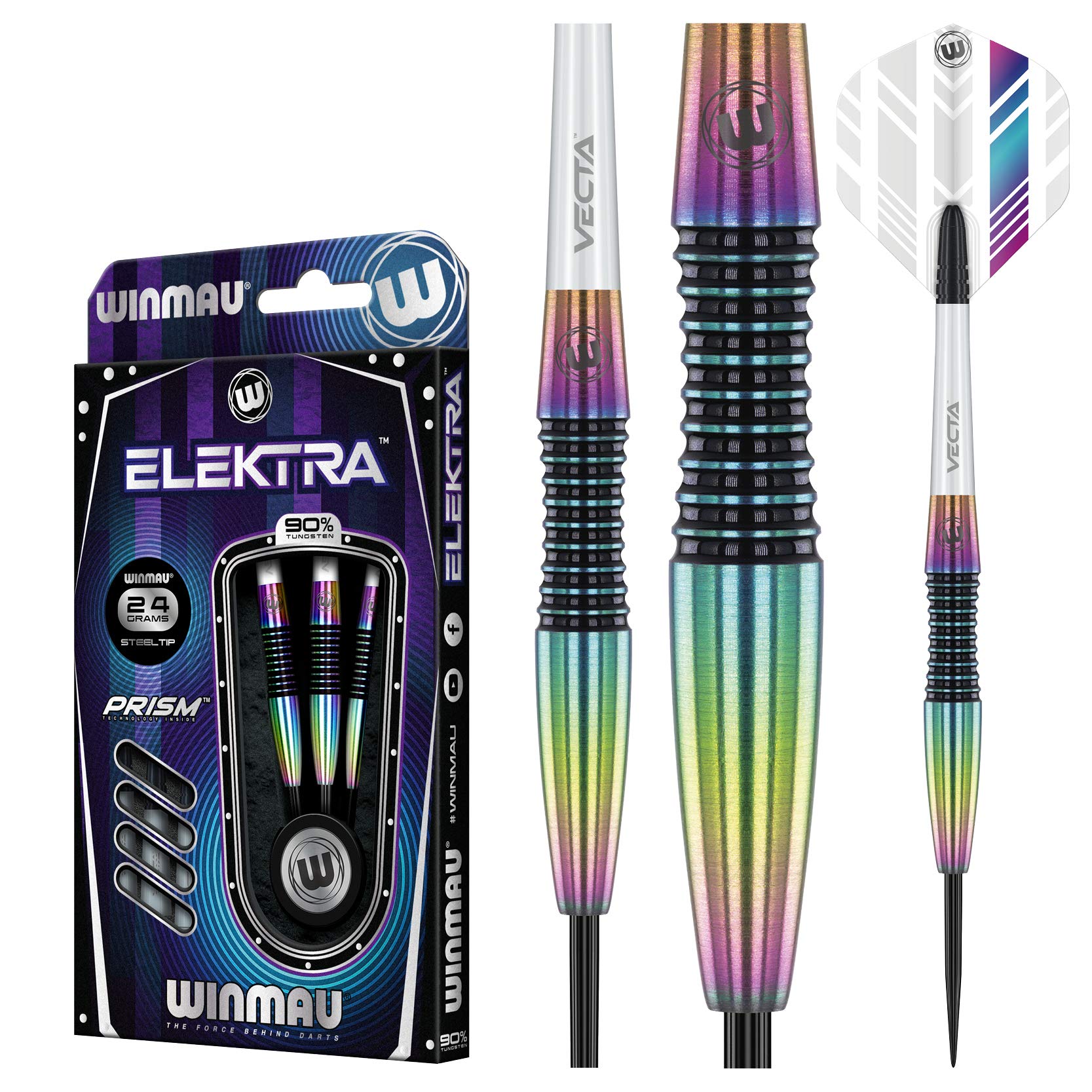 Winmau Elektra 24 Gram Tungsten Darts With Prism Flights And Vecta Shafts (Stems)