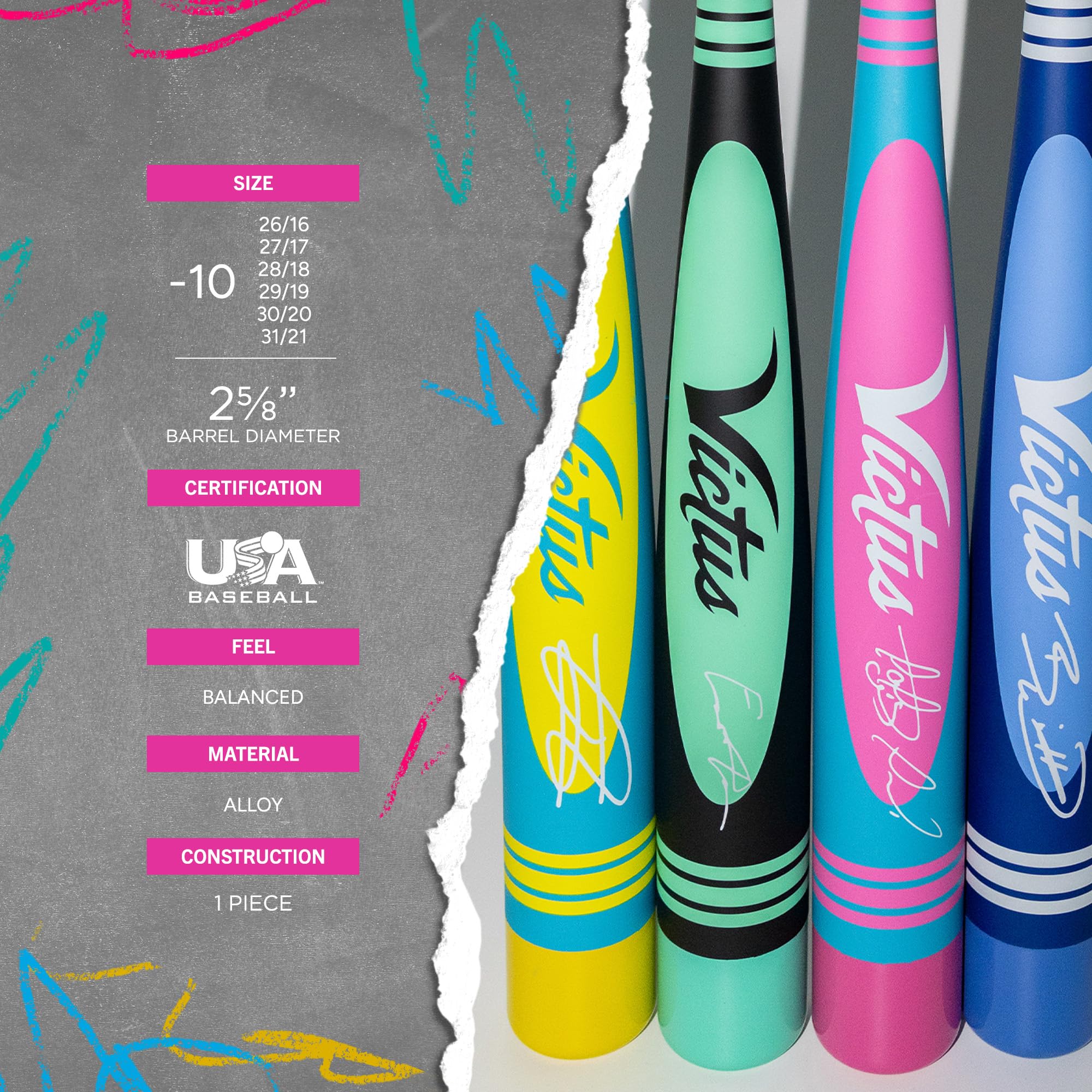Vibe Pro-Crayon Alloy, USA Baseball, -10 Drop, 2 5/8 Barrel, Mid-Balanced, JRod Squad Gold, 30 / 20 oz