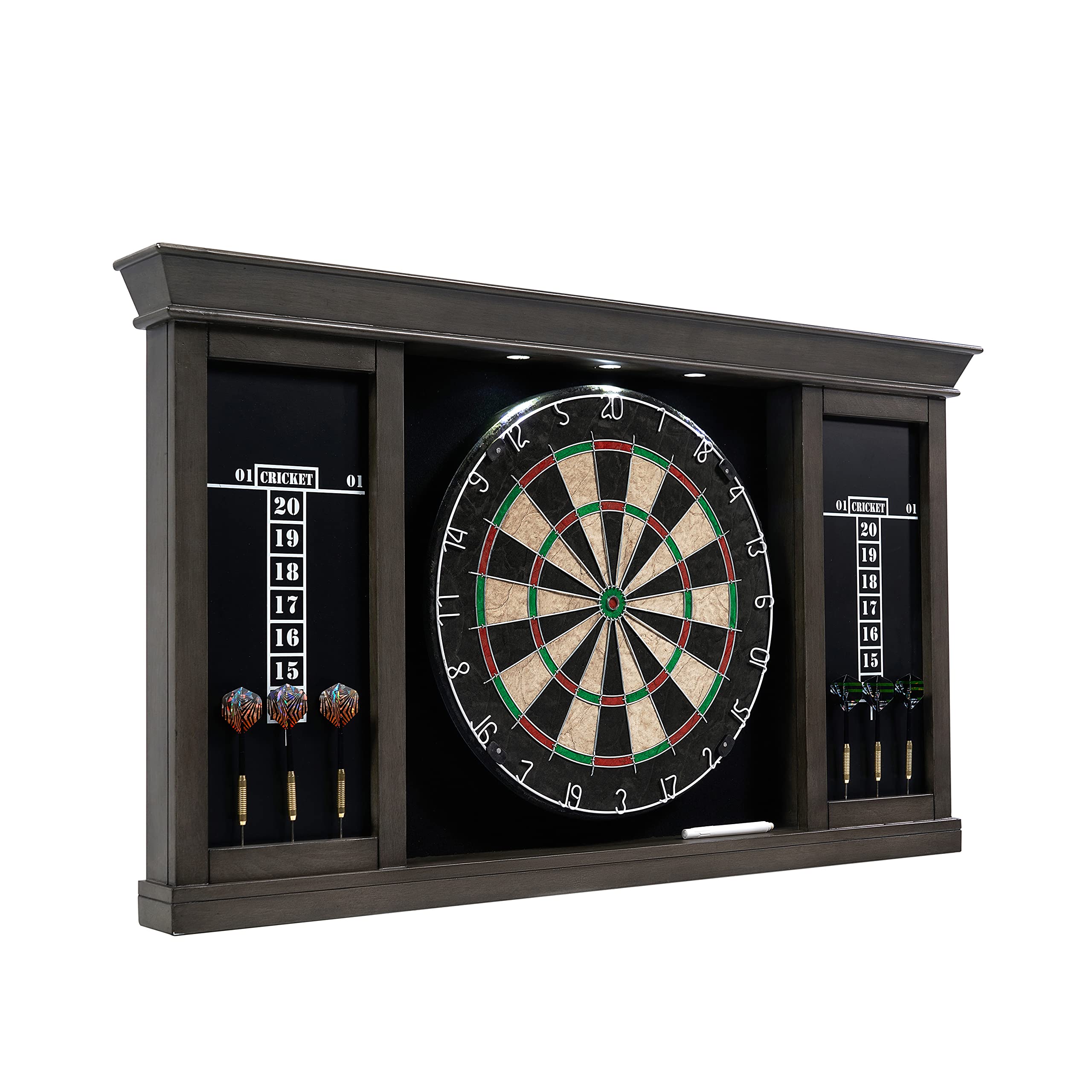 Barrington Palmer Wood Dartboard LED Display Cabinet with 18-Inch Bristle Dartboard and Steel Tip Dart Set Perfect for Cricket G